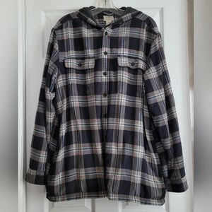 LL BEAN HOODED SHACKET COTTON PLAID with FLEECE LINING BUTTON FRONT LARGE